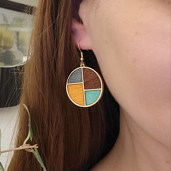 Circle Wood and Metal Dangle Earrings - Picture 2 of 2